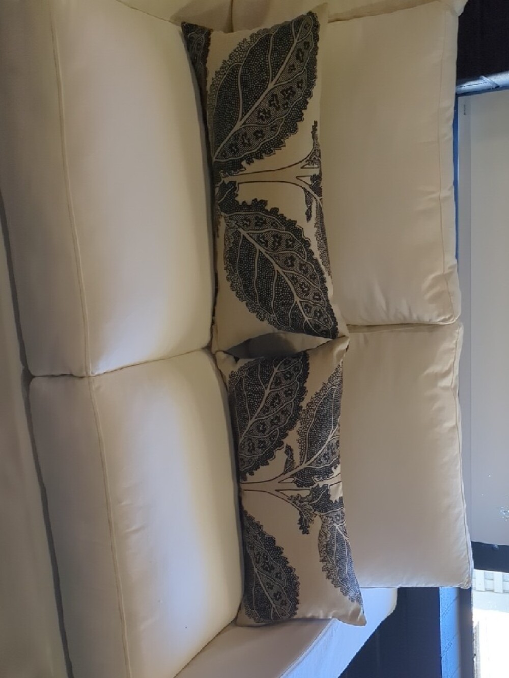 Neutral Linen Lumbar Pillow with Black Leaf Motif - Unbranded